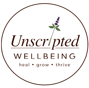 Unscripted Wellbeing logo featuring a plant and the words heal, grow, thrive